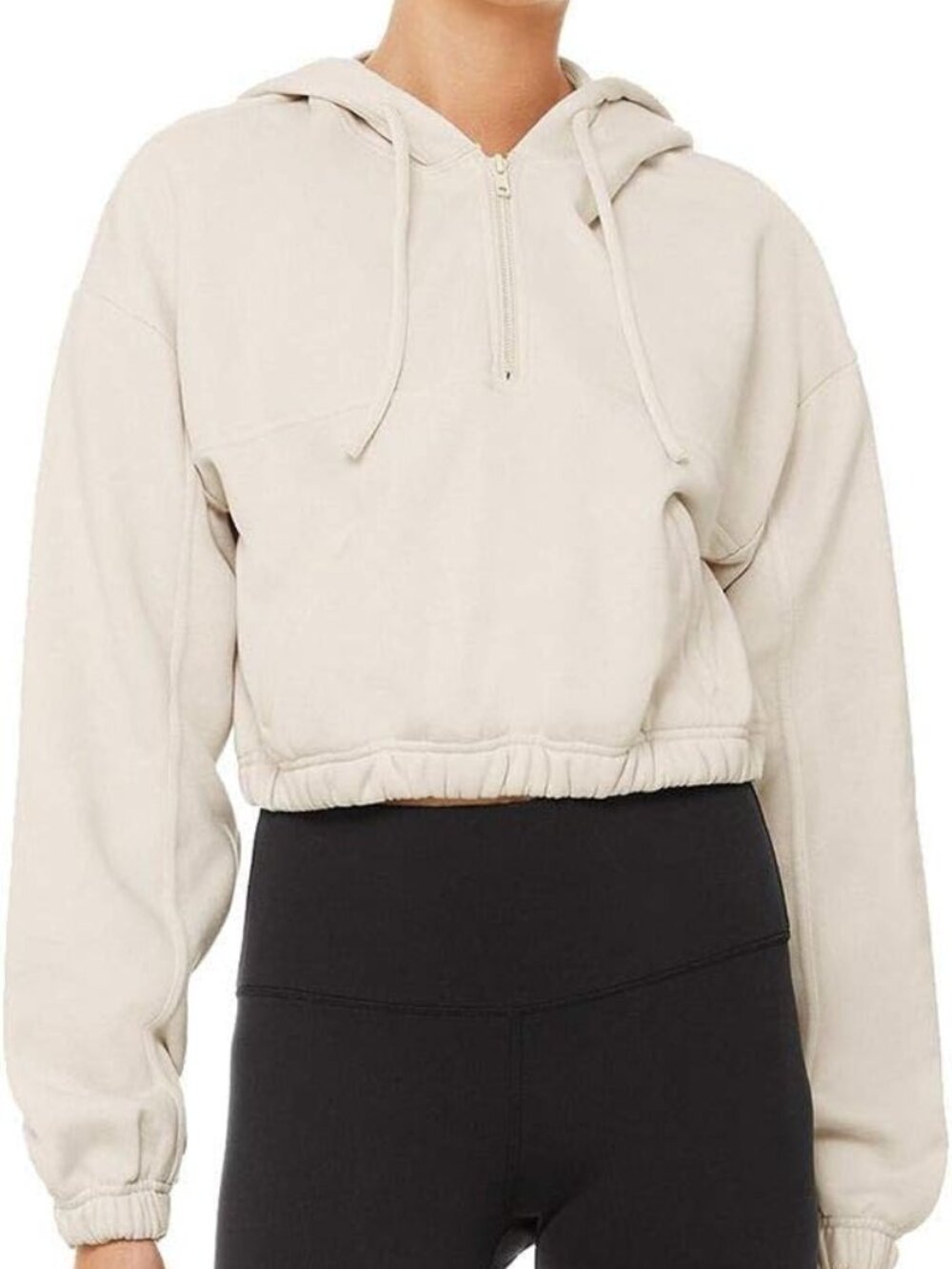 Alo Stadium 1/2 Zip Cropped Hoodie in Bone